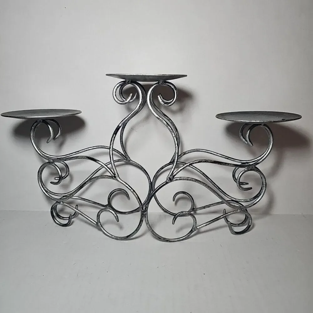 Brushed Silver Scrolled Metal Candle Holder Three Tier Pillar Candelabra